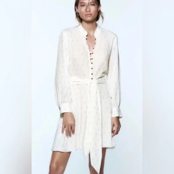 ZARA off white button front METALLIC gold dotted MINI tunic DRESS Size medium - Picture 1 of 2